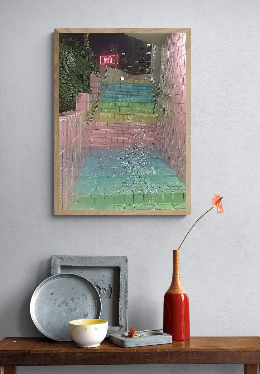 Neon Rainbow Stairway Photography Poster. — room view 3