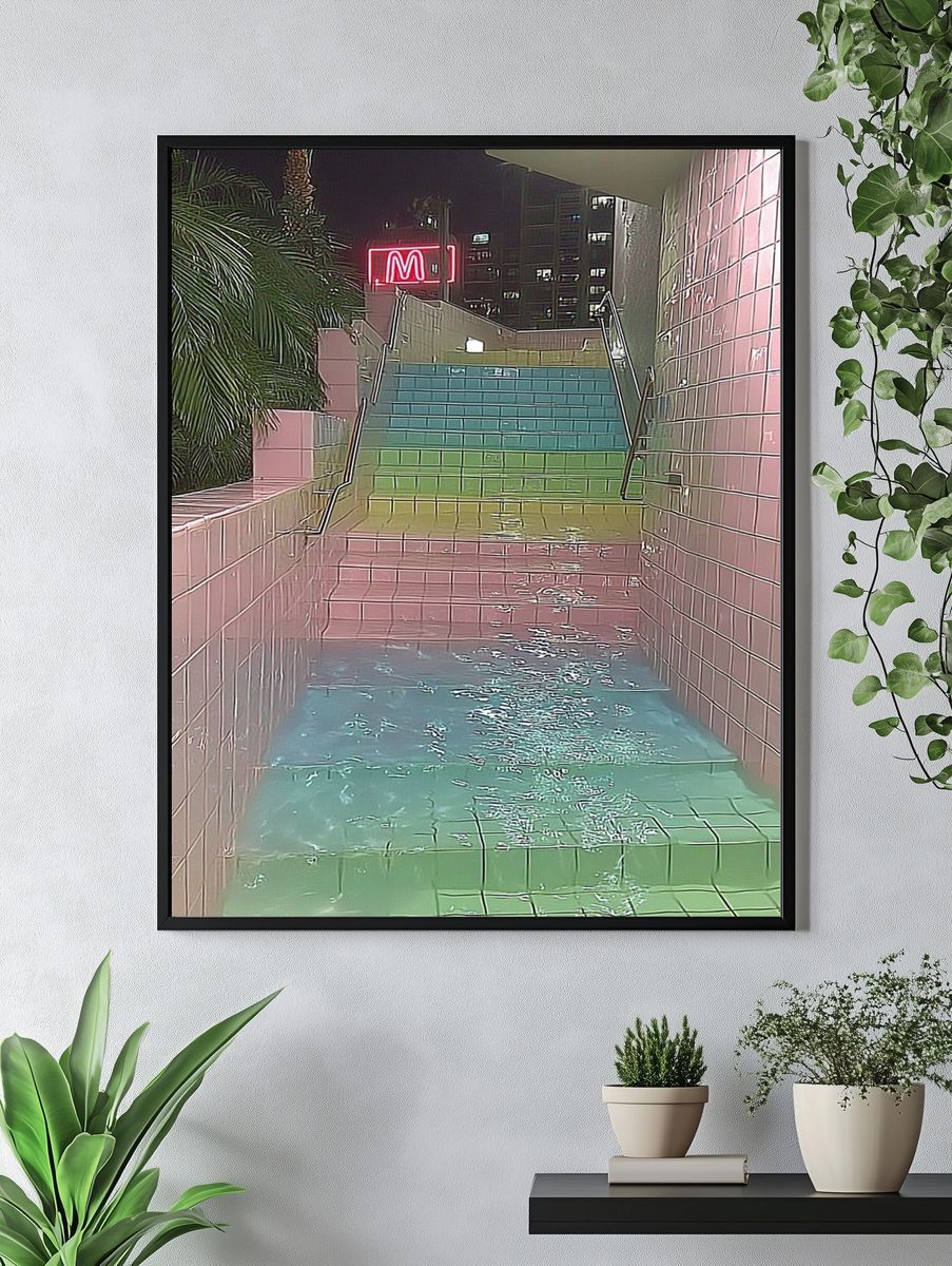Neon Rainbow Stairway Photography Poster. — room view 4