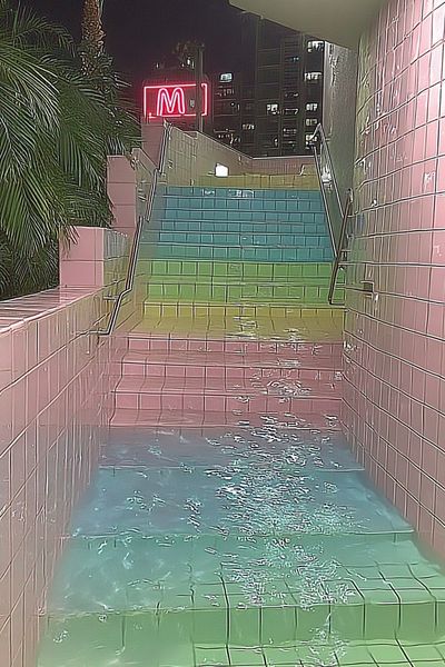 Neon Rainbow Stairway Photography Poster.