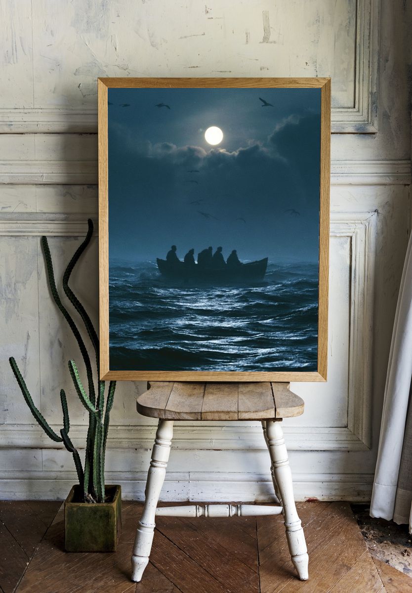 Moonlit Boat at Sea Poster. room preview