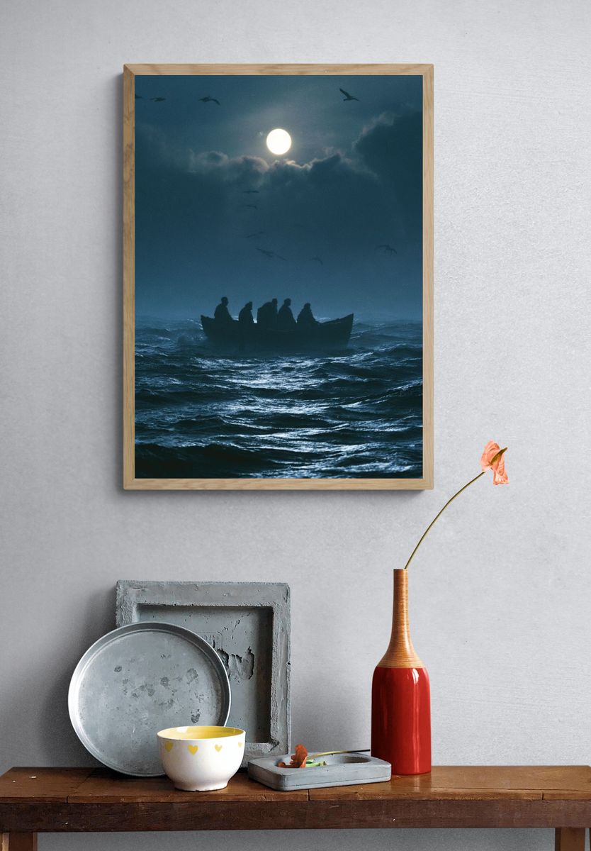 Moonlit Boat at Sea Poster. — room view 3