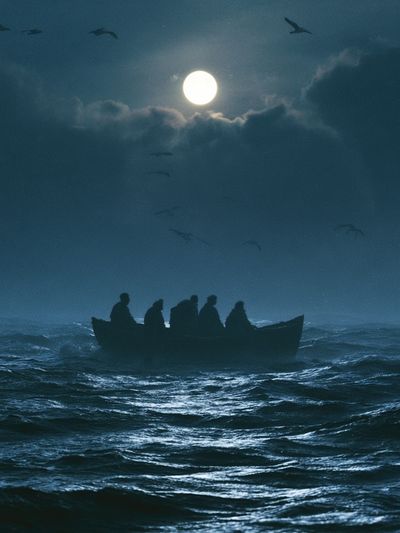 Moonlit Boat at Sea Poster.