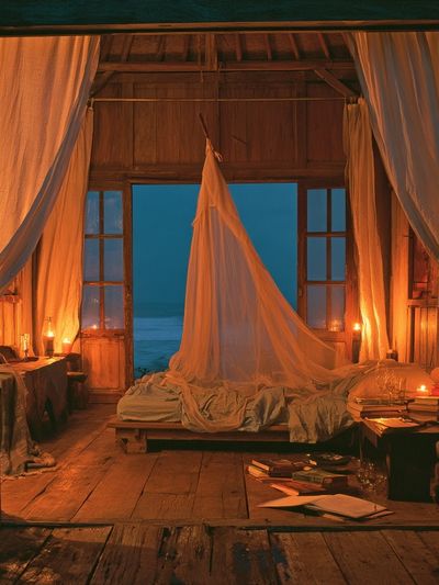 Candlelit Seaside Bedroom Print.