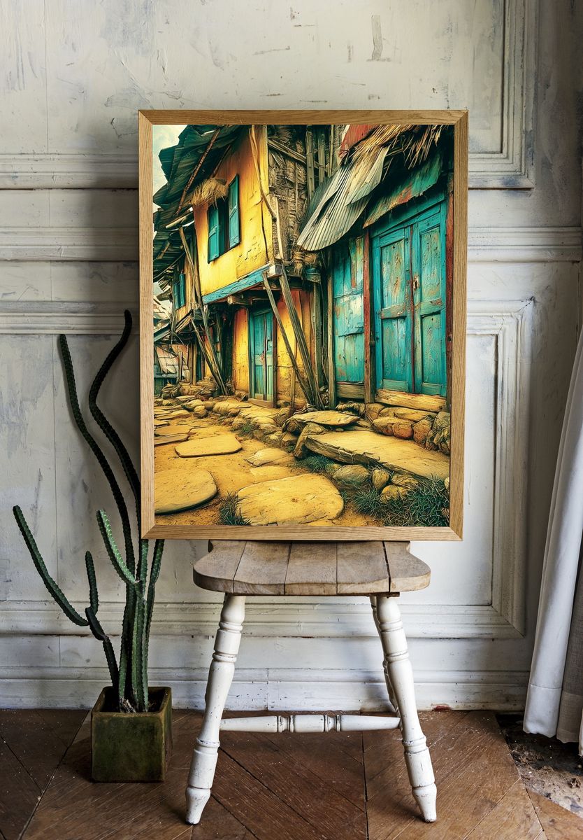Colorful Village Street Photography Poster. room preview