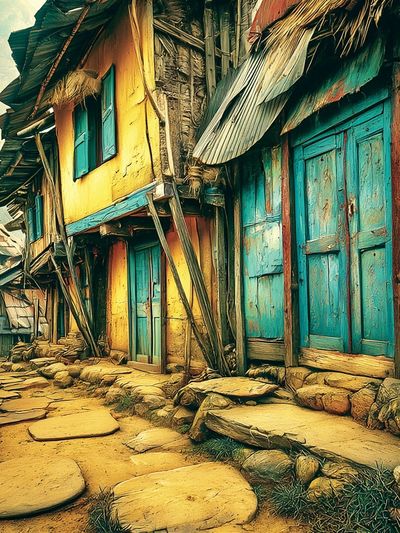 Colorful Village Street Photography Poster.