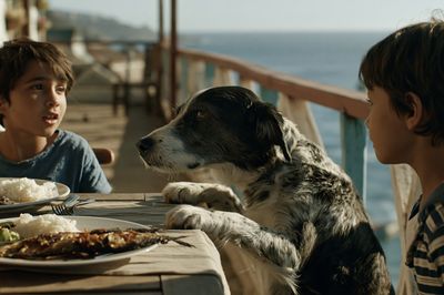 Seaside Dinner with Dog Photography Poster.