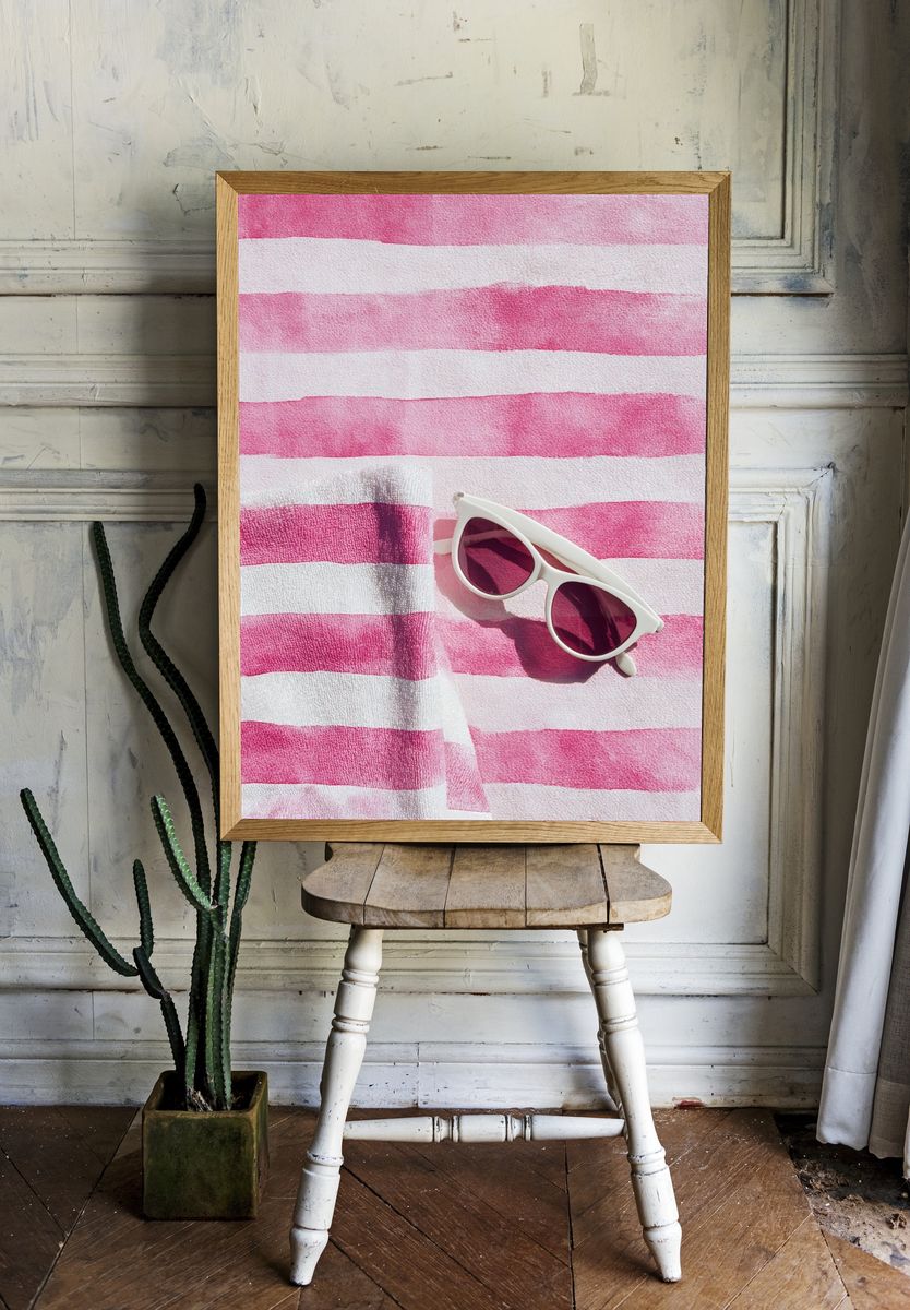 Pink Striped Beach Towel Print. room preview