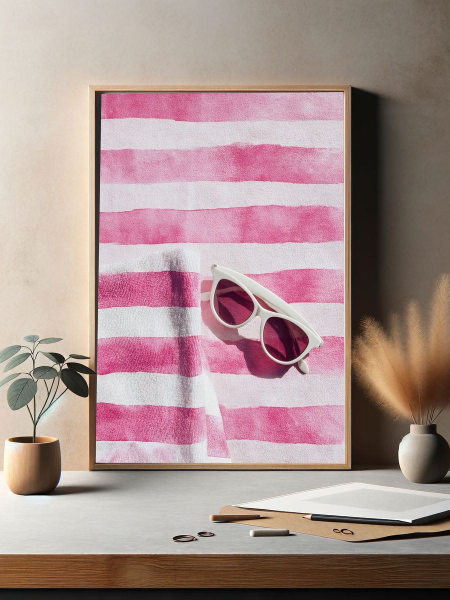 Pink Striped Beach Towel Print. — room view 2