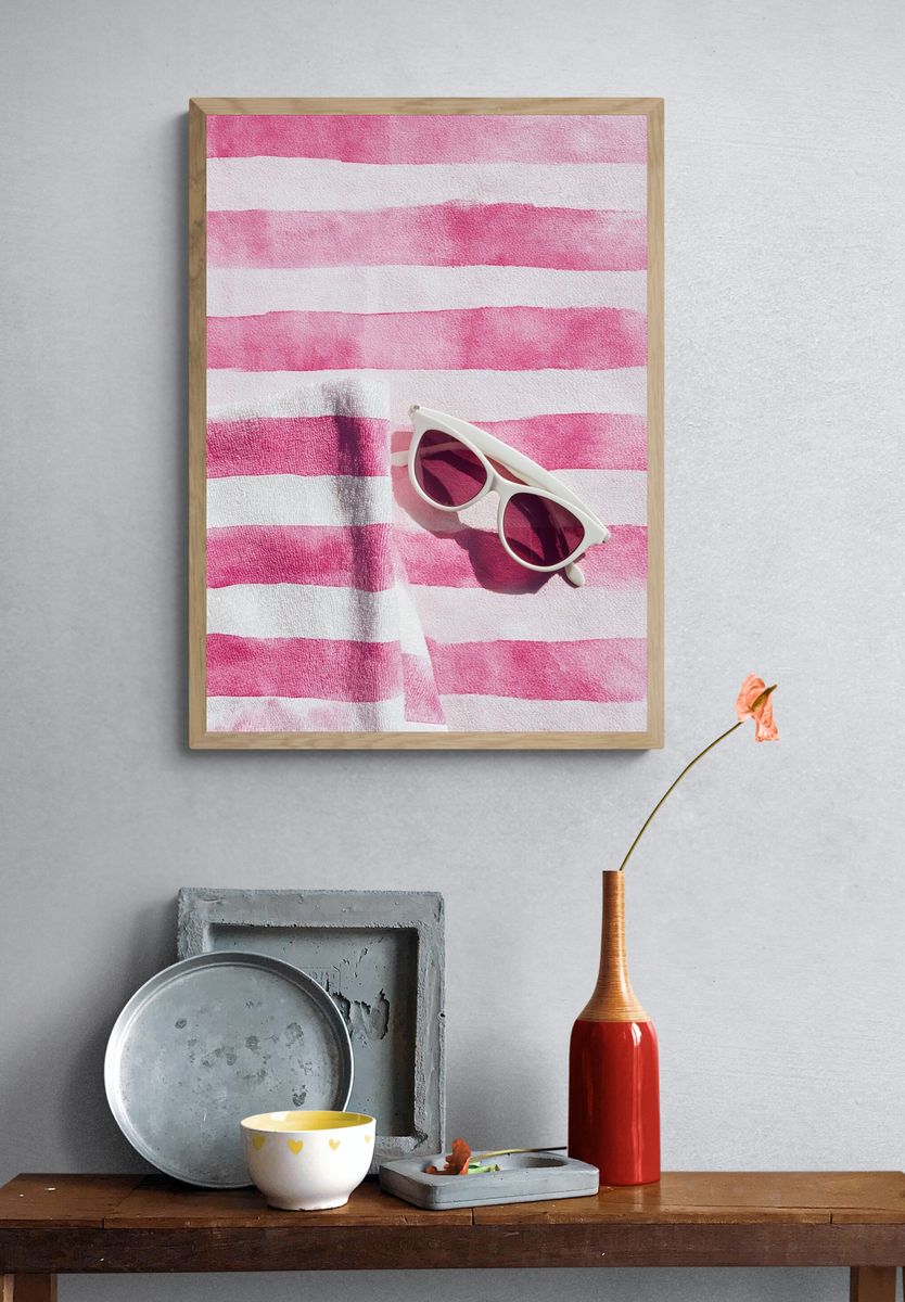 Pink Striped Beach Towel Print. — room view 3