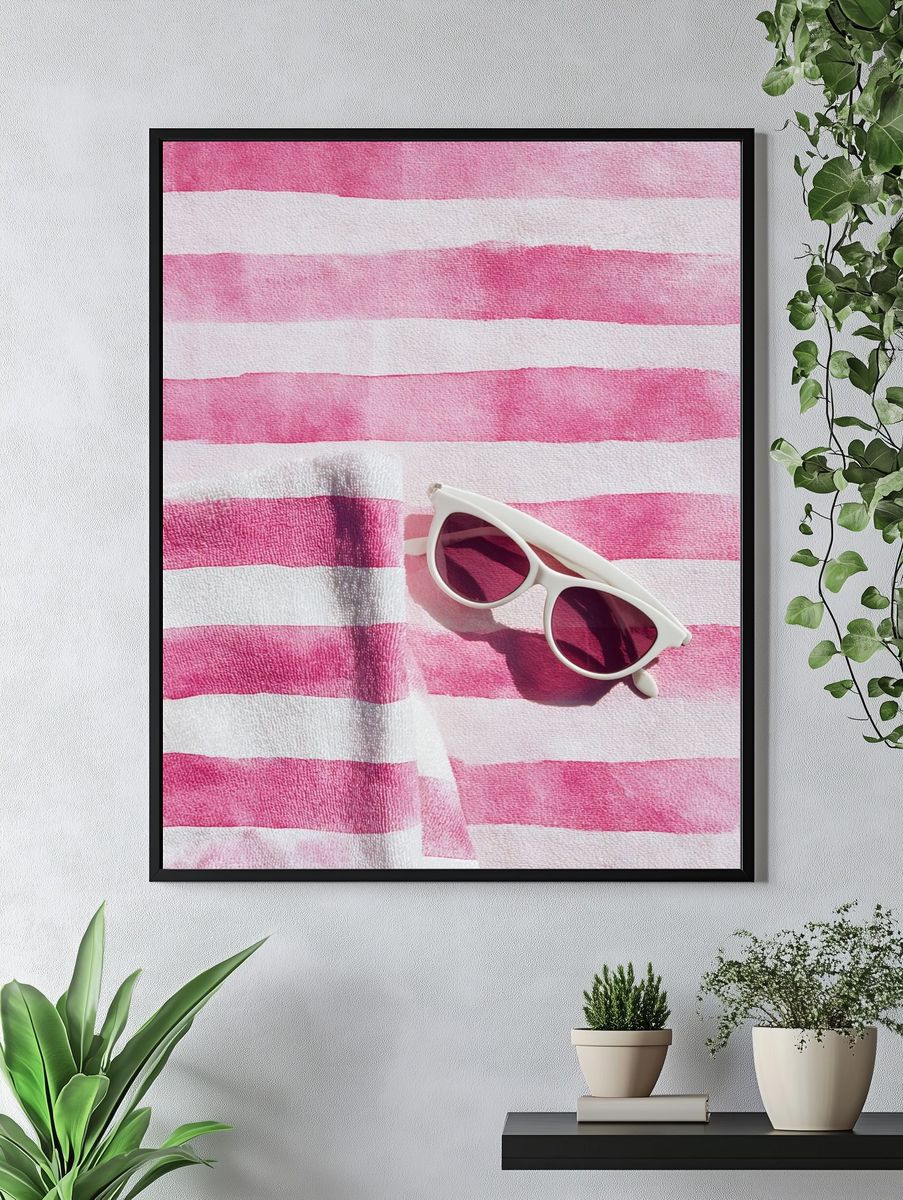 Pink Striped Beach Towel Print. — room view 4