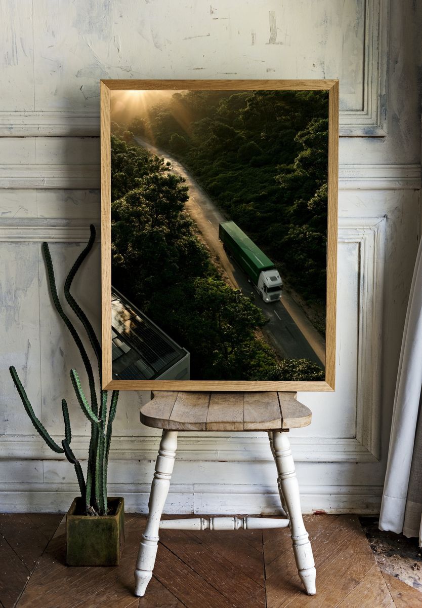 Sunlit Forest Road Photography Poster. — room view 1