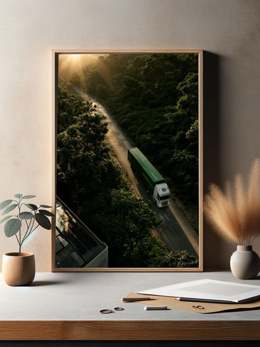 Sunlit Forest Road Photography Poster. — room view 2