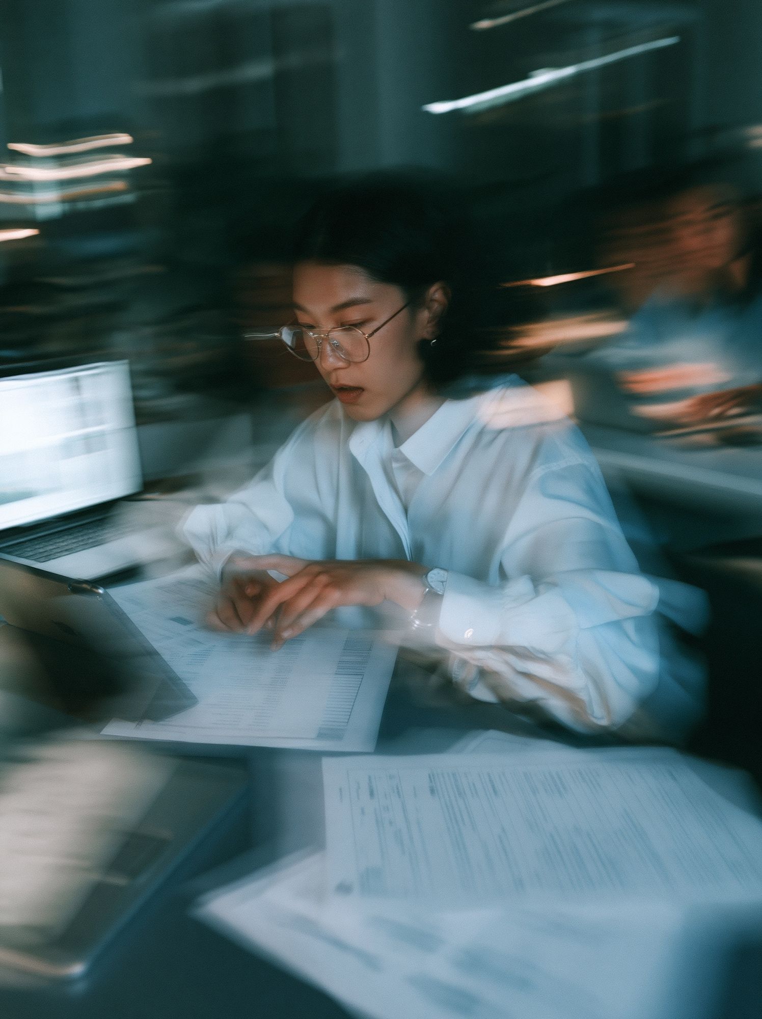Focused Woman at Desk Photography Poster. poster detail