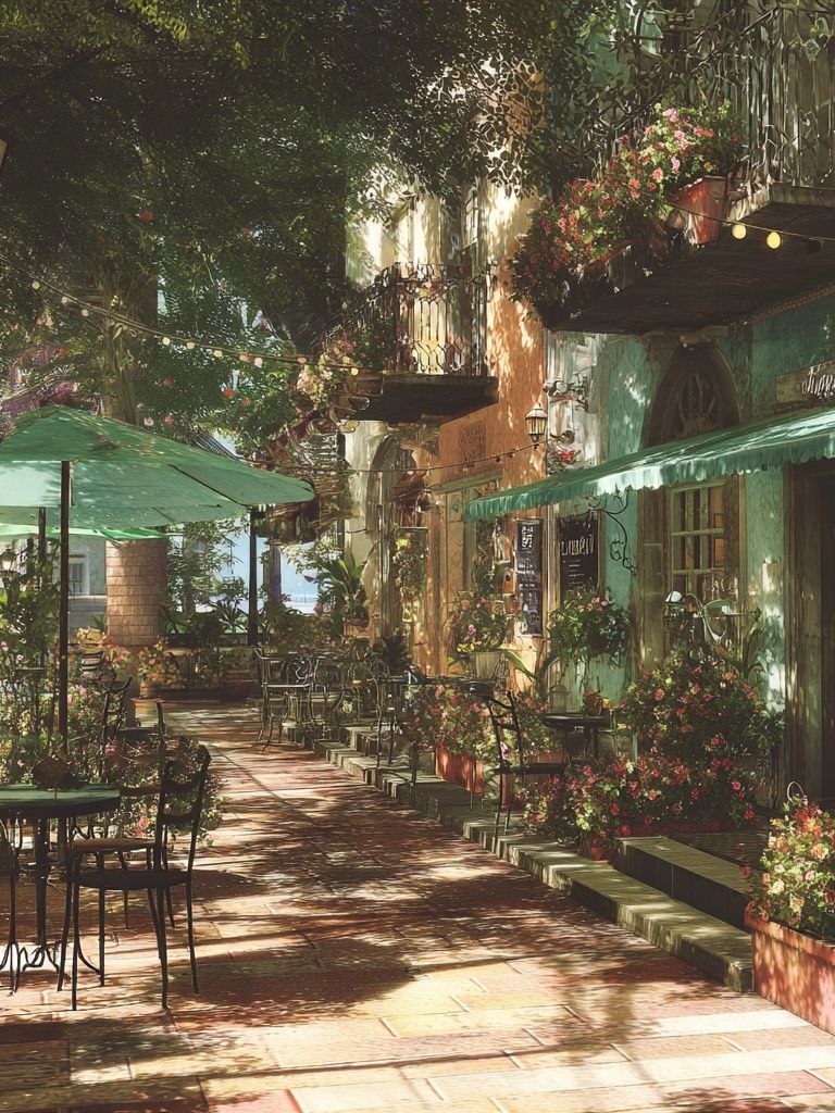 Sunlit Courtyard Café Photography Poster. poster — photography art