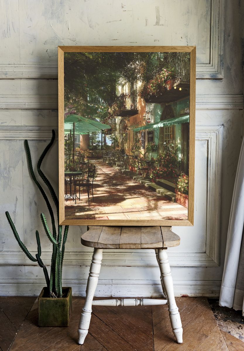 Sunlit Courtyard Café Photography Poster. — room view 1