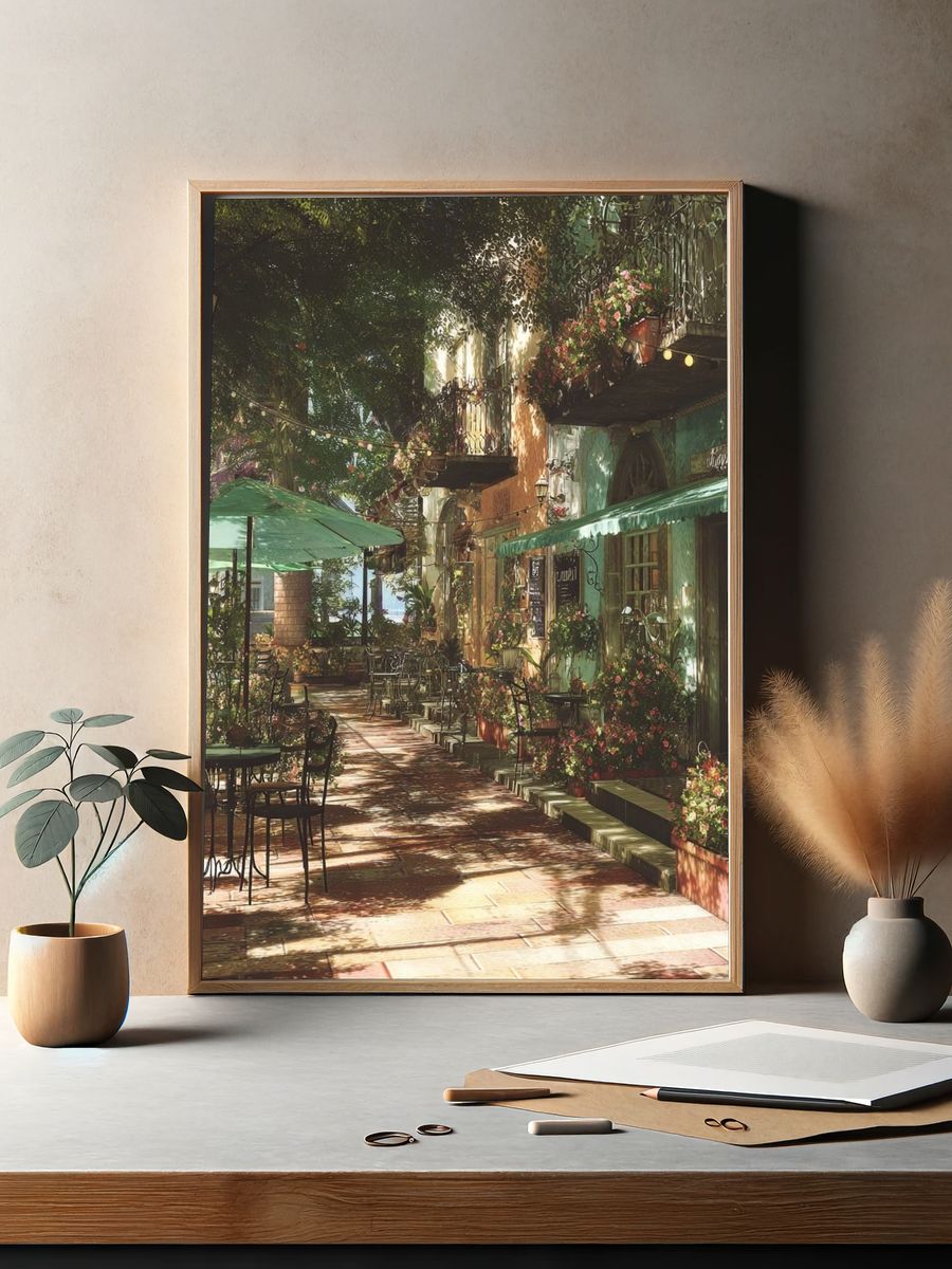 Sunlit Courtyard Café Photography Poster. — room view 2
