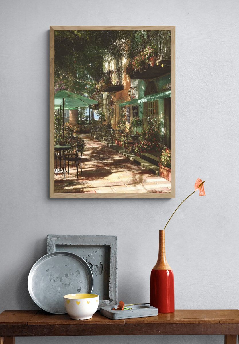 Sunlit Courtyard Café Photography Poster. — room view 3