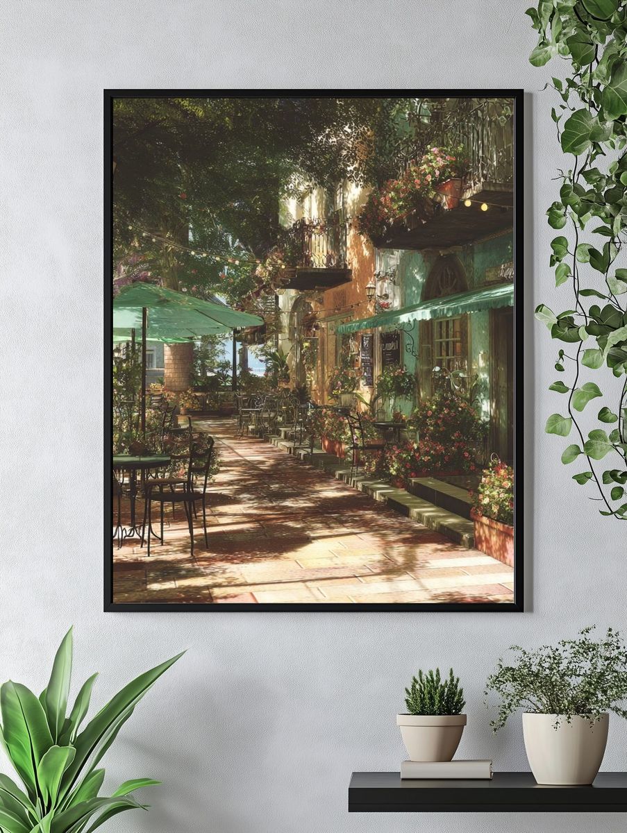 Sunlit Courtyard Café Photography Poster. — room view 4