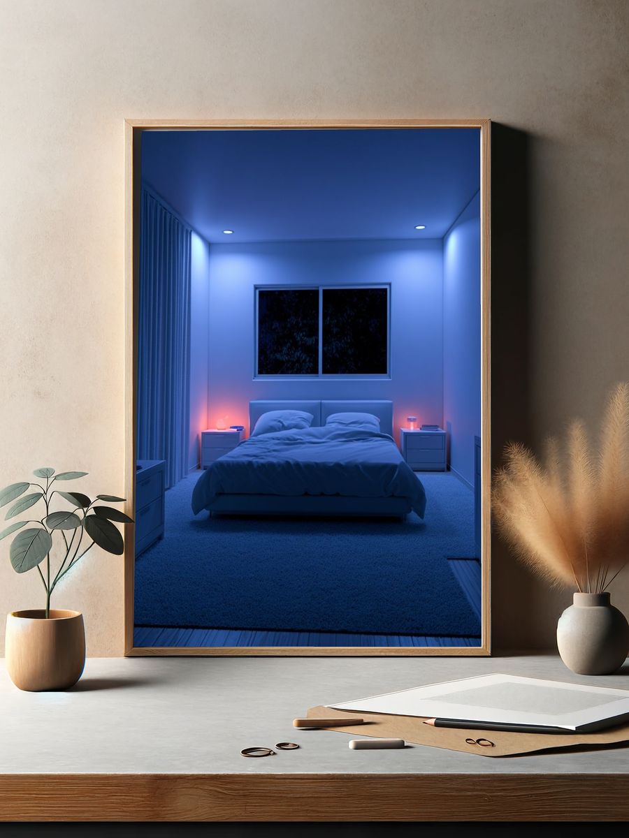 Blue Neon Bedroom Interior Poster. — room view 2
