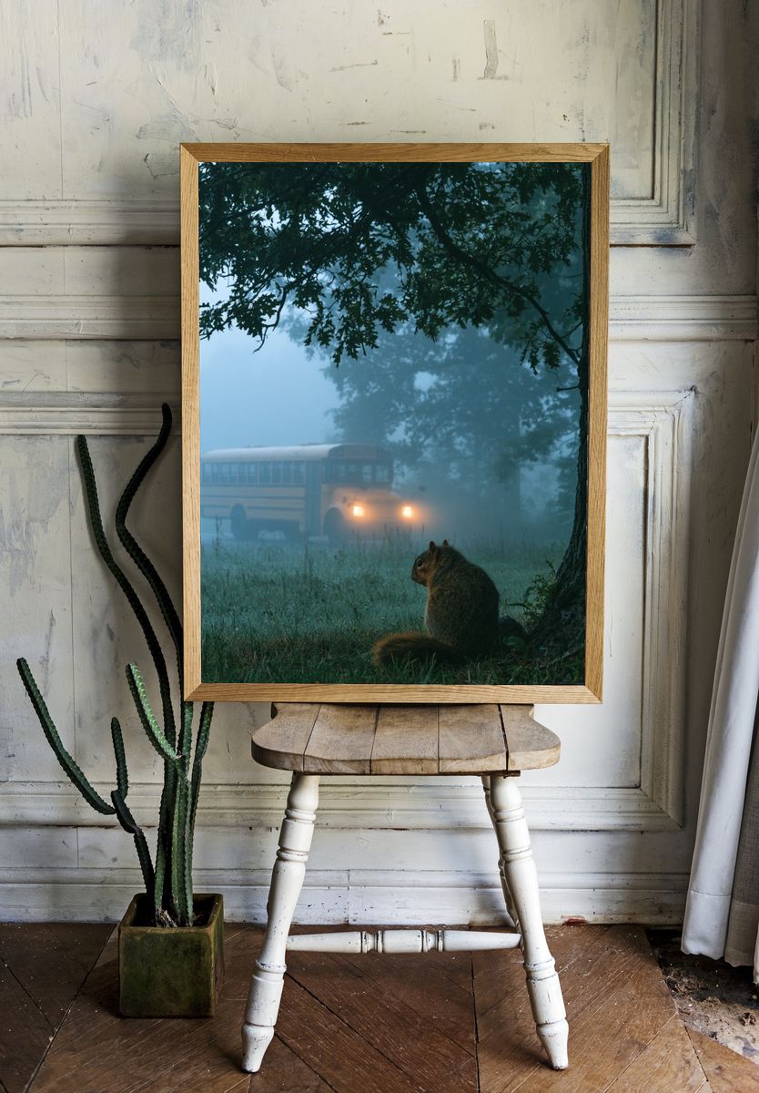 Foggy Forest Squirrel Photography Poster. room preview
