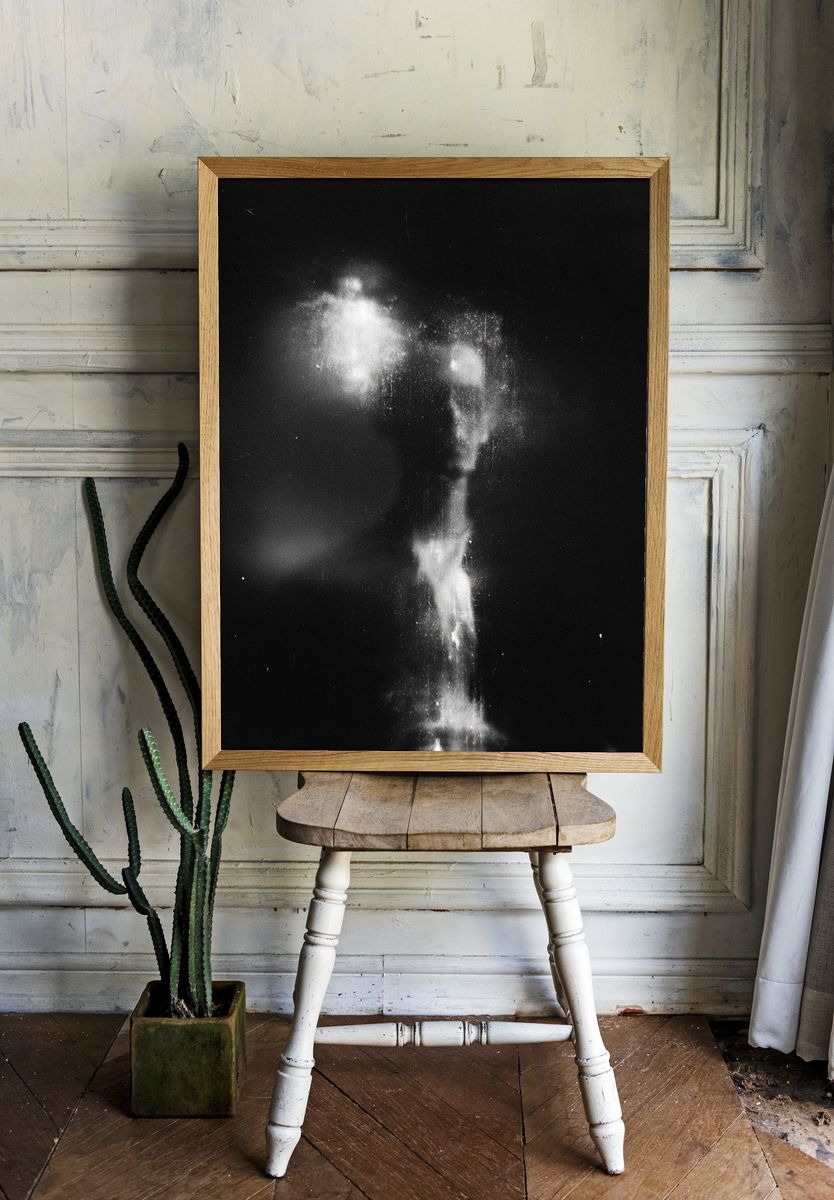 Ethereal Smoke Figure Black-White Print. room preview