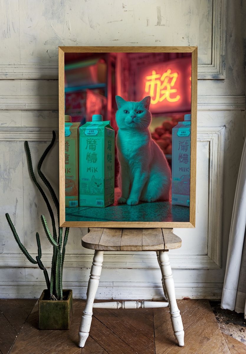 Neon Cat Milk Shop Poster. — room view 1