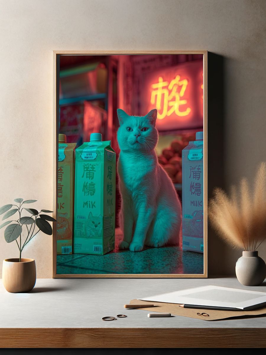 Neon Cat Milk Shop Poster. — room view 2