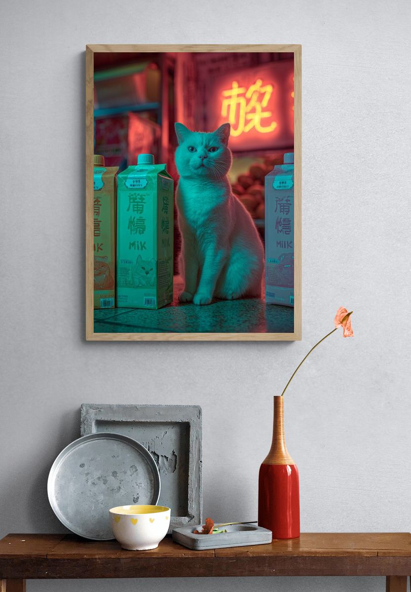 Neon Cat Milk Shop Poster. — room view 3