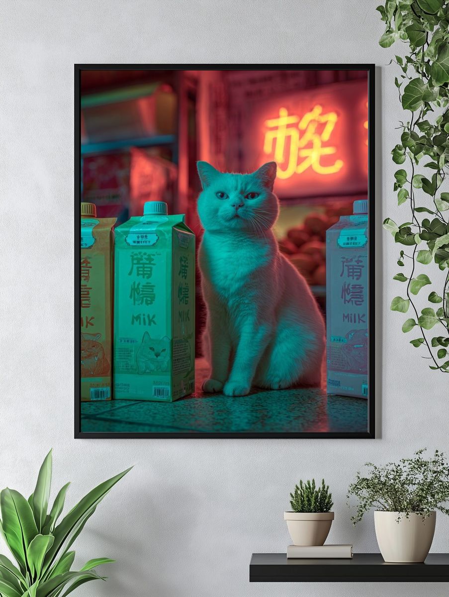 Neon Cat Milk Shop Poster. — room view 4