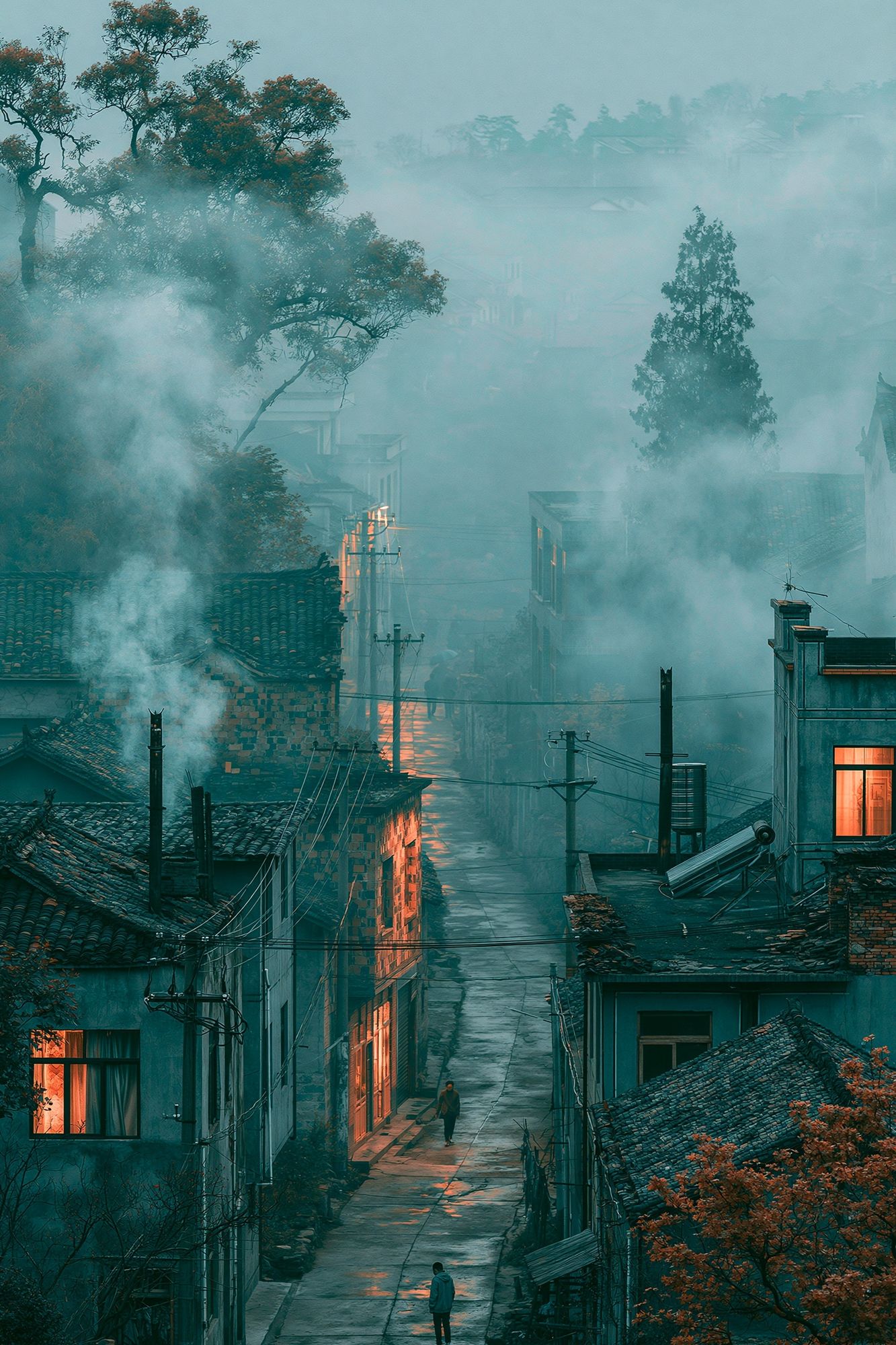Misty Village Street Photography Poster. poster detail