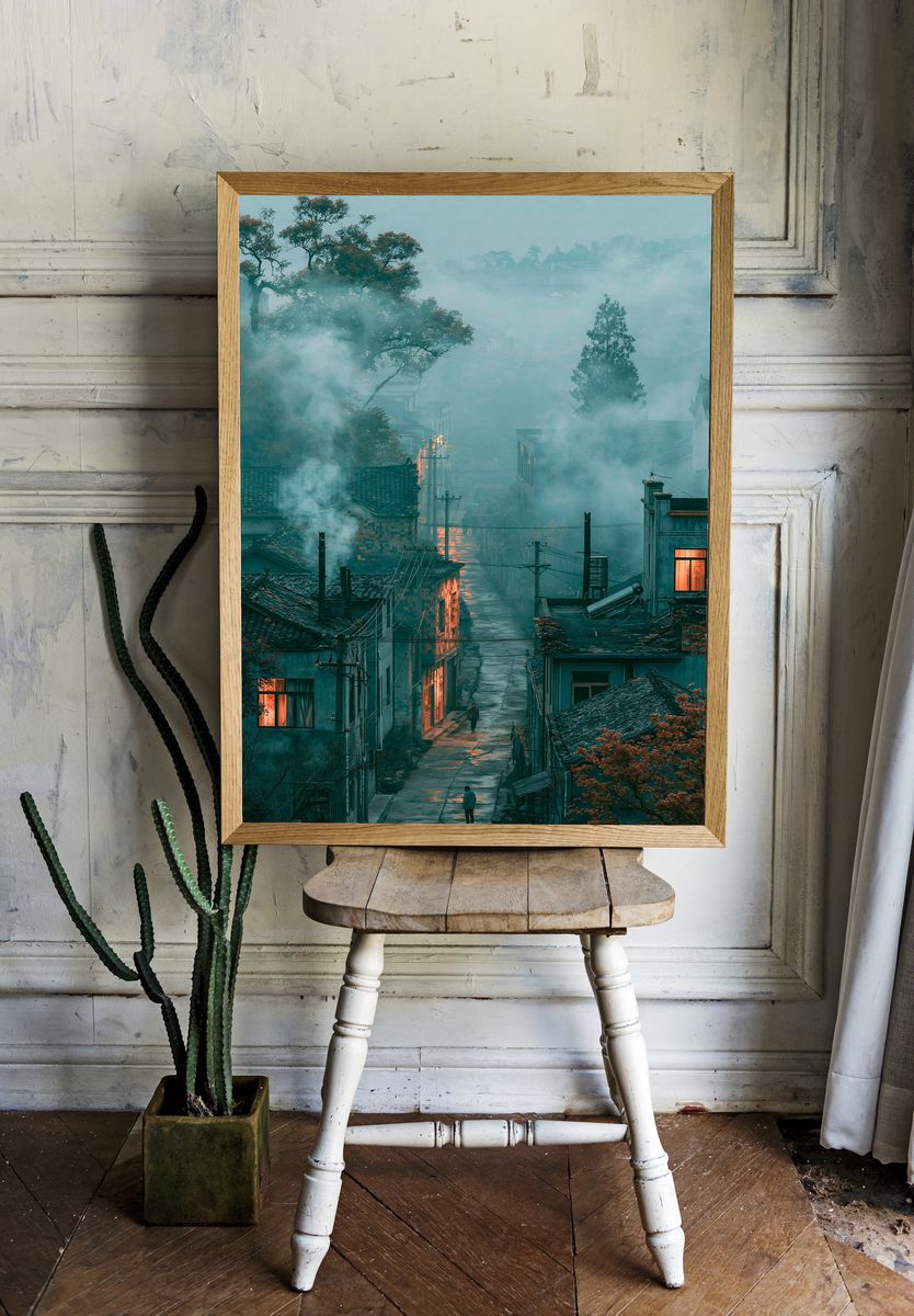 Misty Village Street Photography Poster. room preview