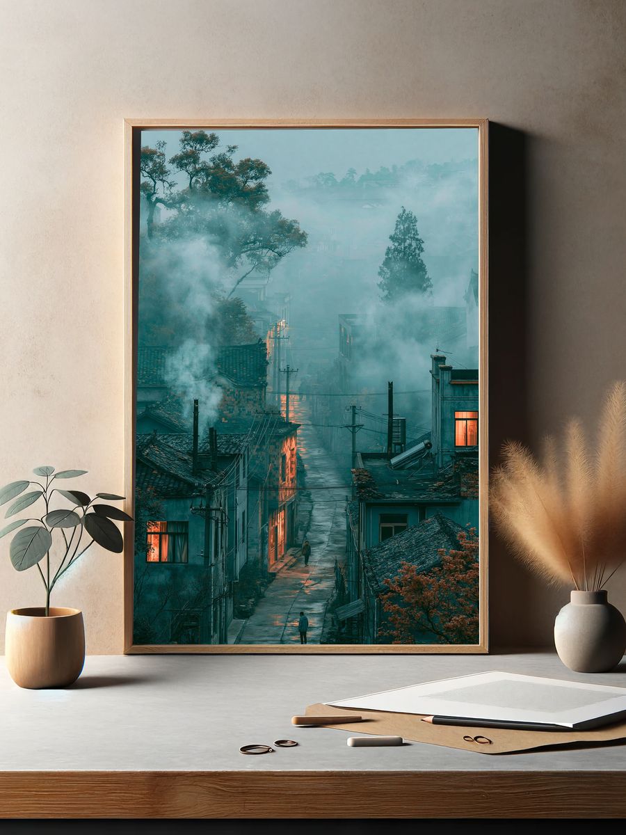 Misty Village Street Photography Poster. — room view 2