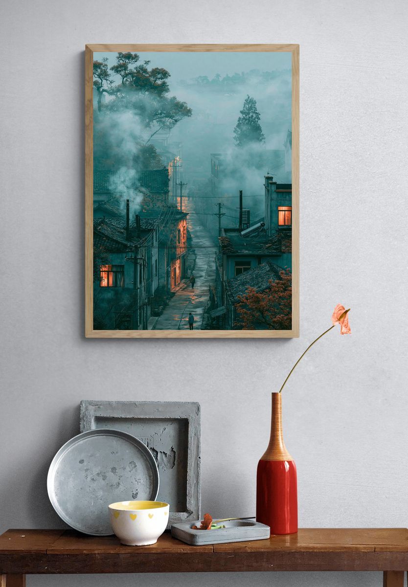 Misty Village Street Photography Poster. — room view 3