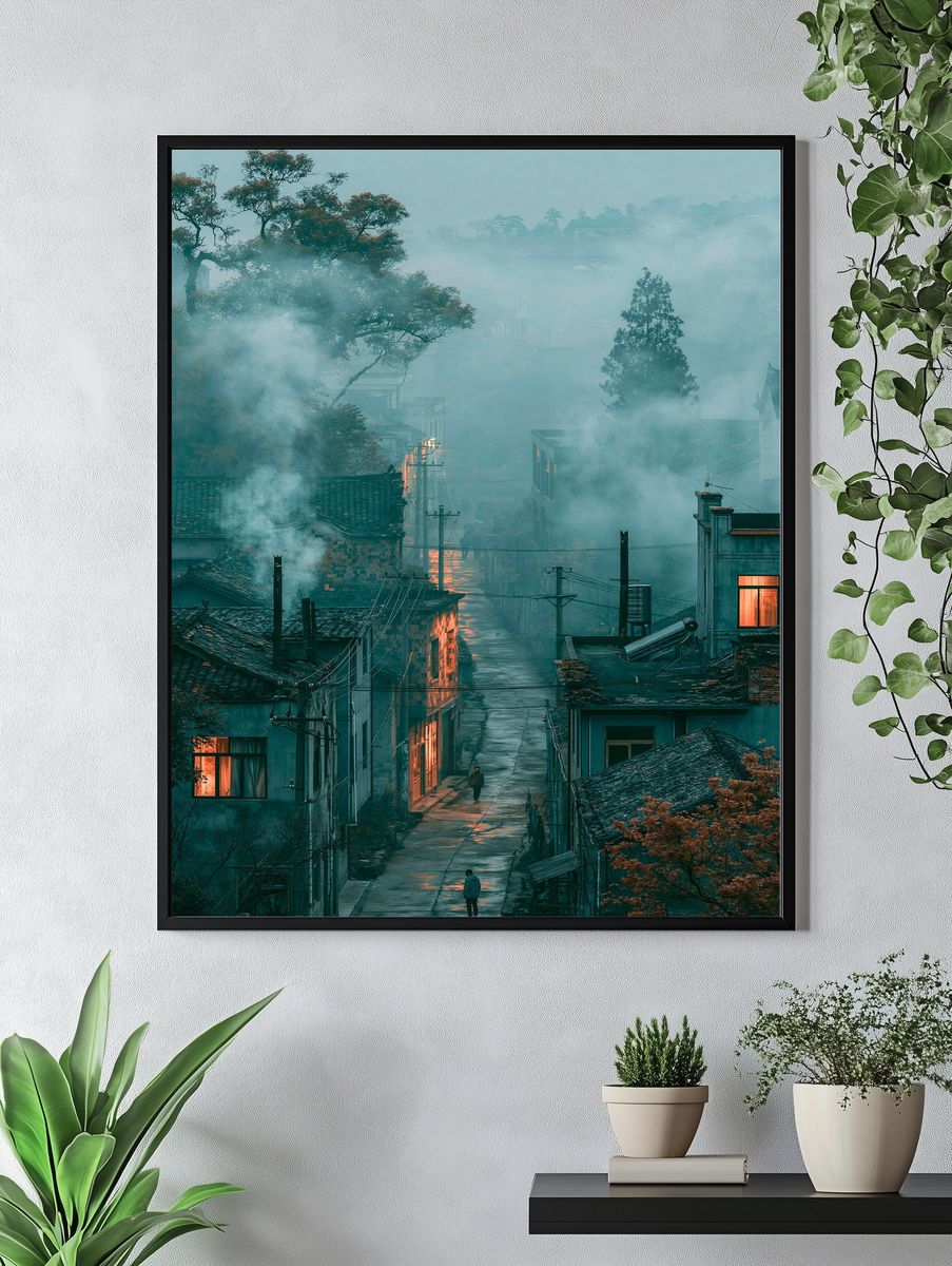 Misty Village Street Photography Poster. — room view 4