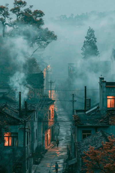 Misty Village Street Photography Poster.