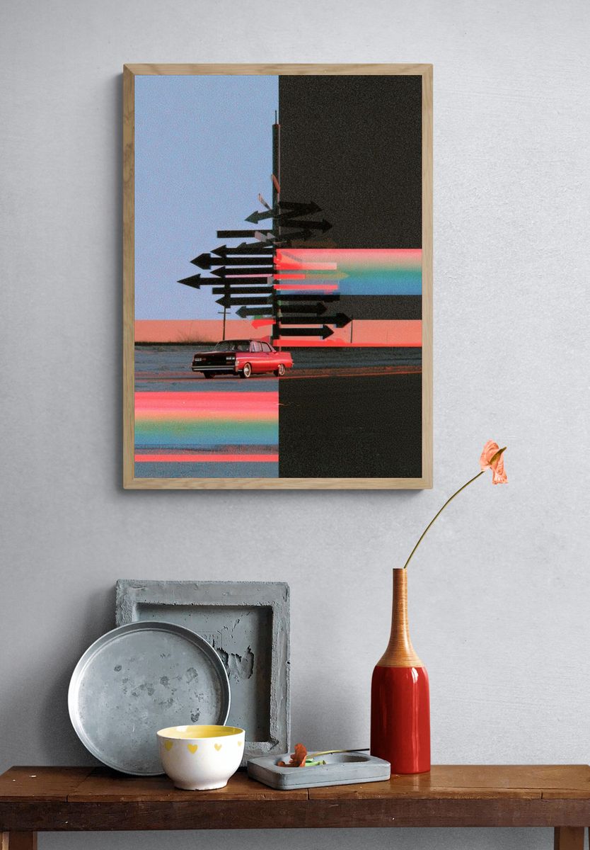 Retro Car Glitch Landscape Poster. — room view 3
