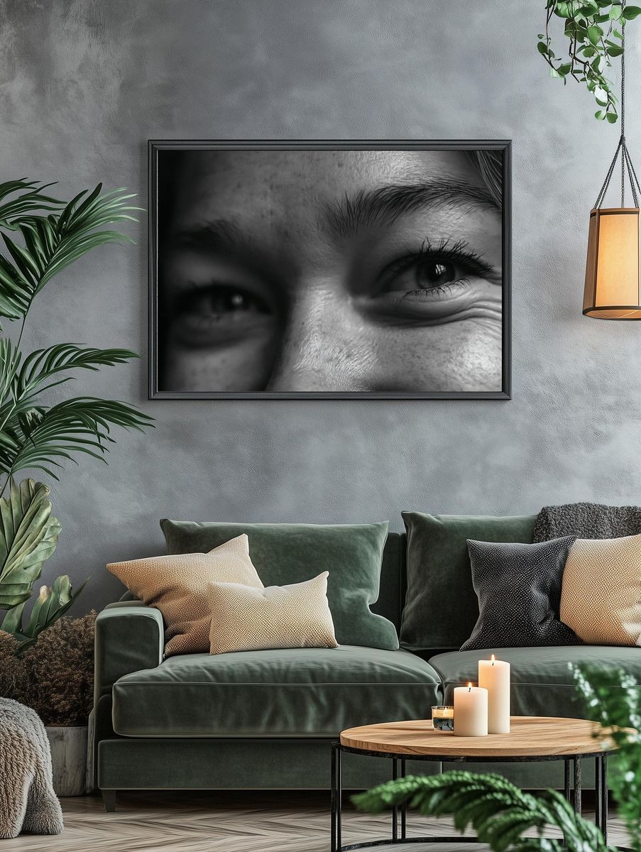 Child Eyes Black-White Portrait Poster. — room view 4