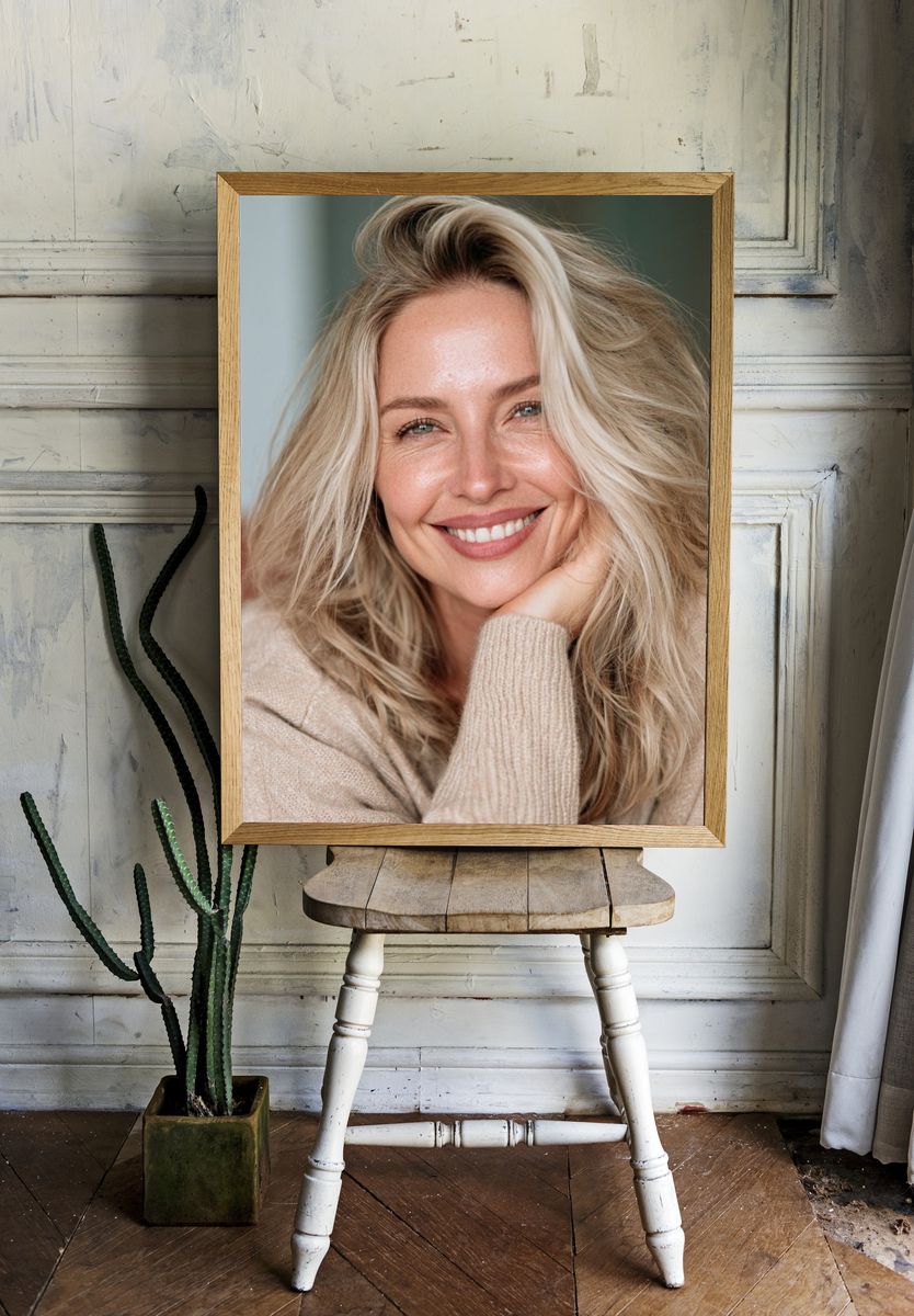Smiling Blonde Portrait Photography Poster. room preview