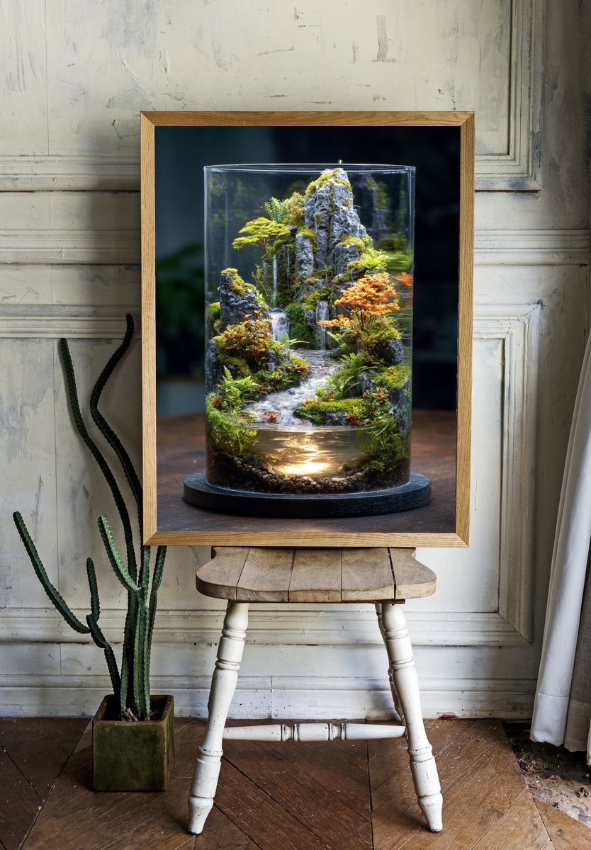 Miniature Terrarium Waterfall Photography Poster. — room view 1