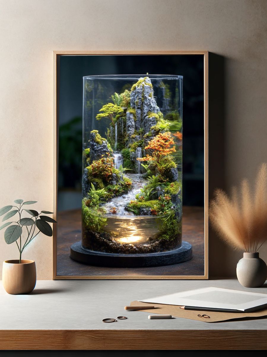 Miniature Terrarium Waterfall Photography Poster. — room view 2