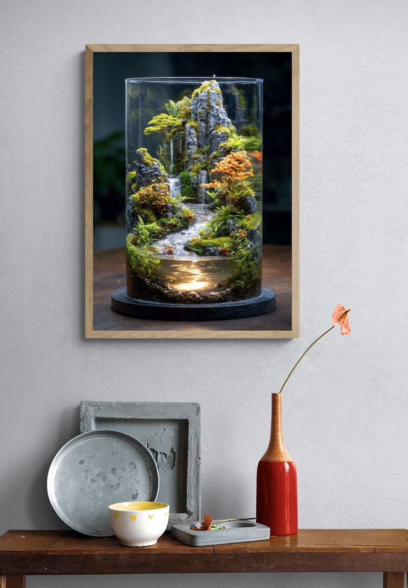 Miniature Terrarium Waterfall Photography Poster. — room view 3