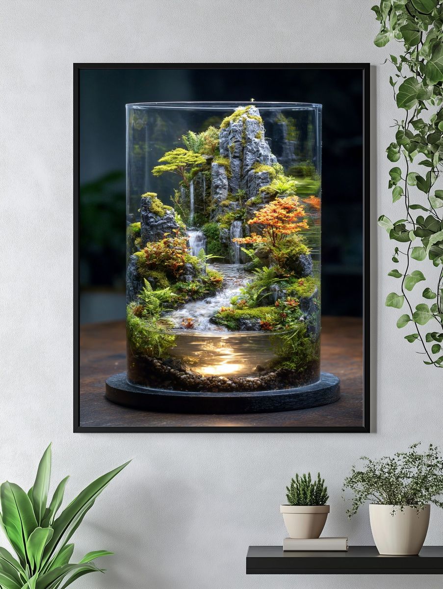 Miniature Terrarium Waterfall Photography Poster. — room view 4
