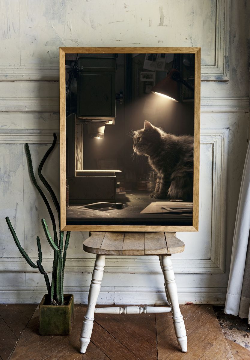 Cat in Workshop Light Poster. room preview
