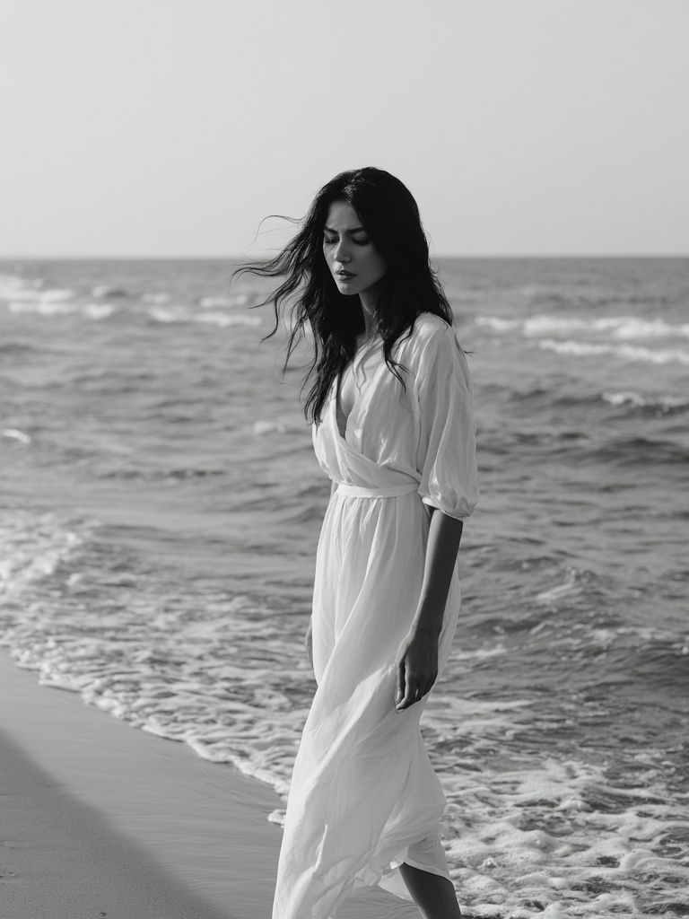 Seaside Woman Black-White Poster. poster detail