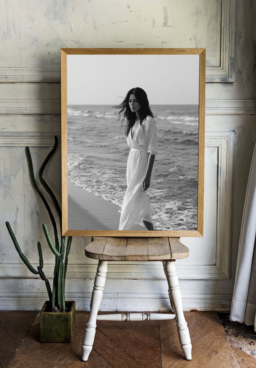 Seaside Woman Black-White Poster. — room view 1