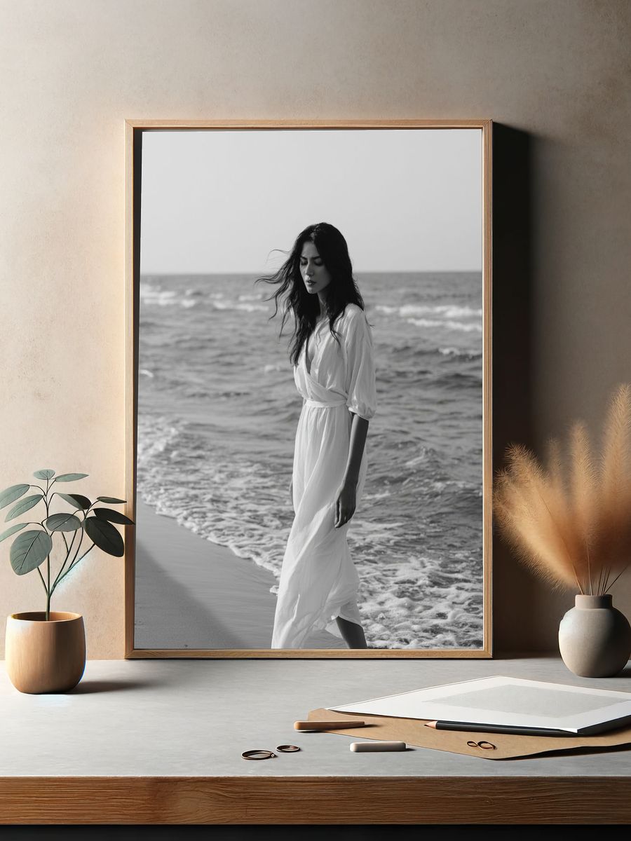 Seaside Woman Black-White Poster. — room view 2