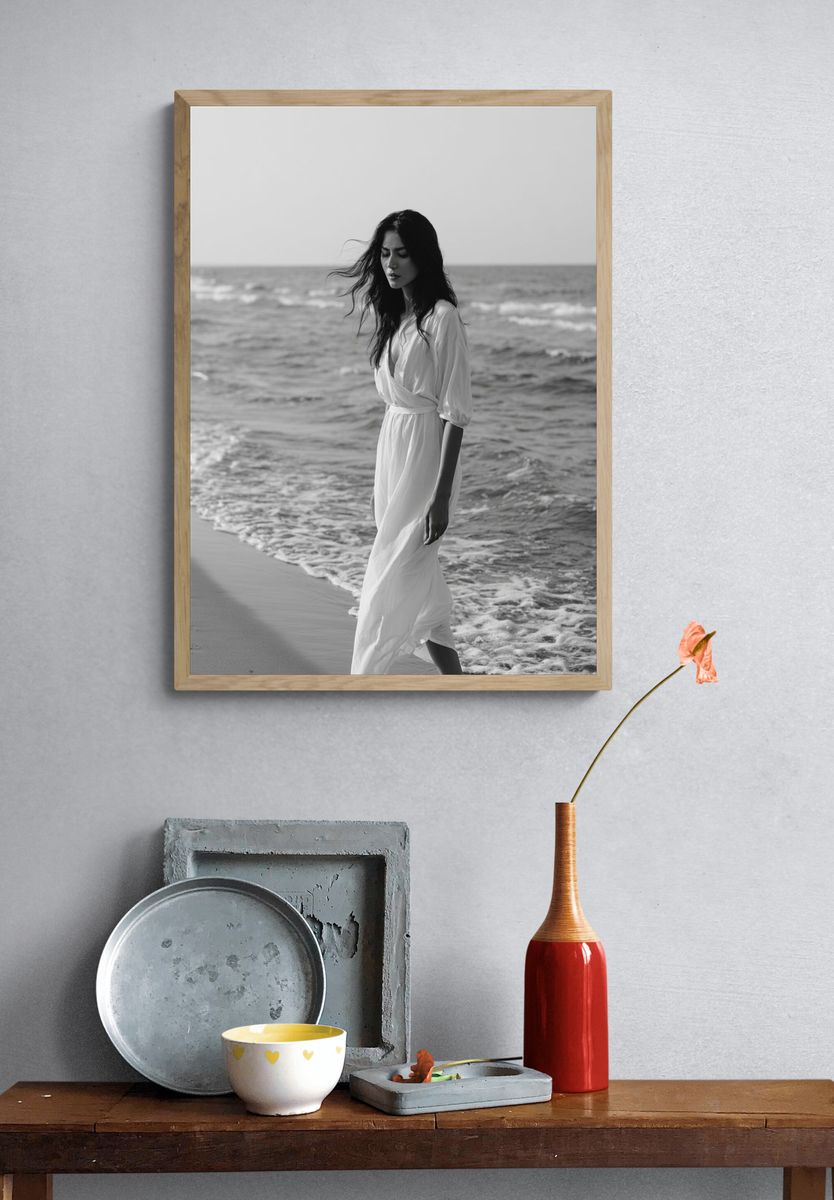 Seaside Woman Black-White Poster. — room view 3