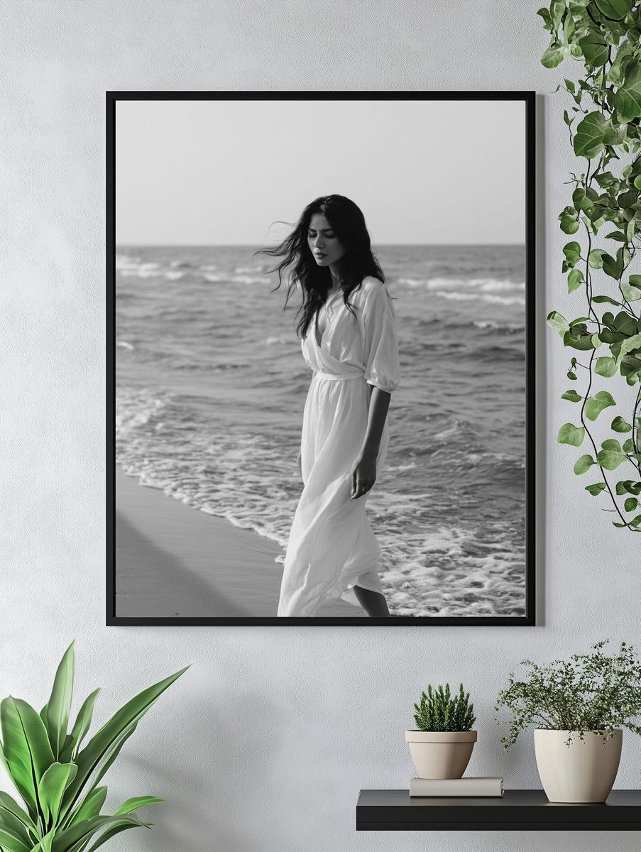 Seaside Woman Black-White Poster. — room view 4