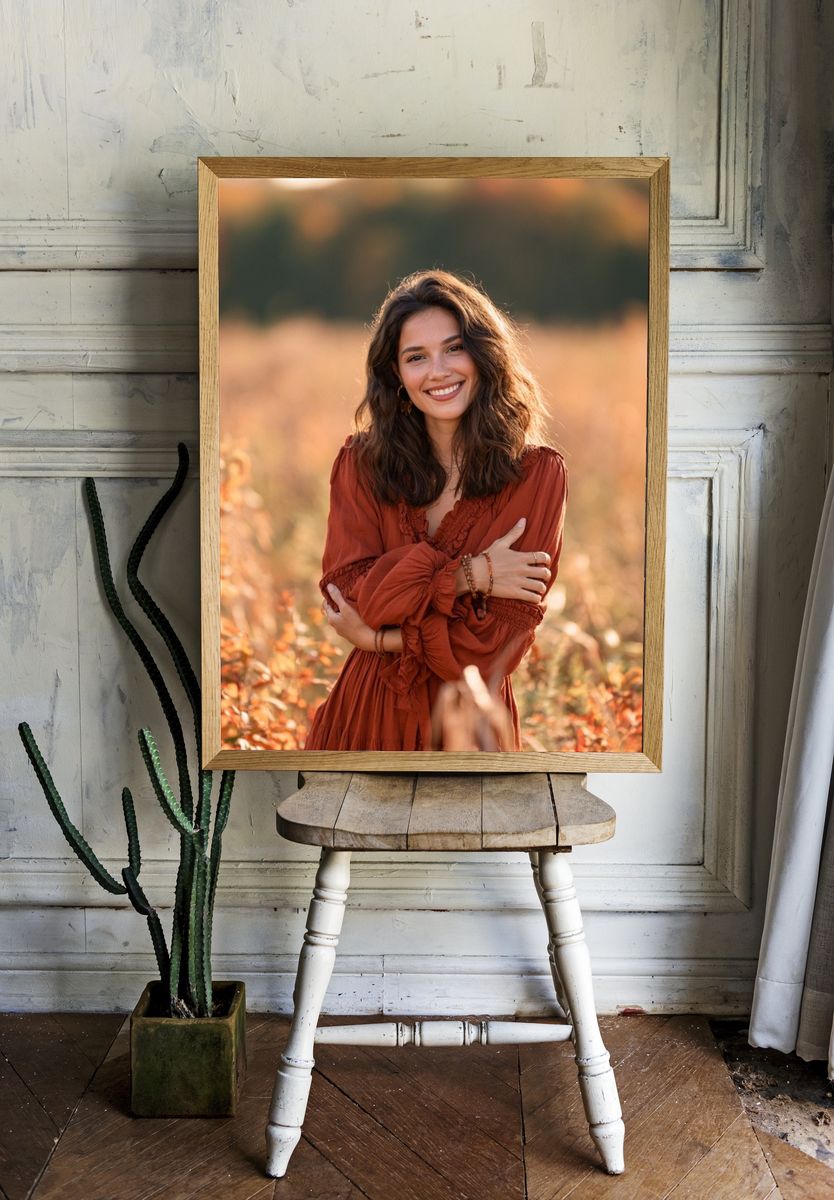 Smiling Woman in Autumn Field Photography Poster. room preview