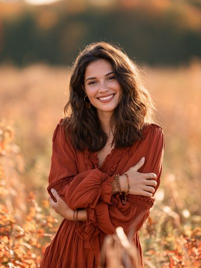 Smiling Woman in Autumn Field Photography Poster.